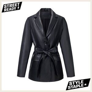 Faux Leather Blazer Jacket Vegan Pleather Button Down Coat Casual